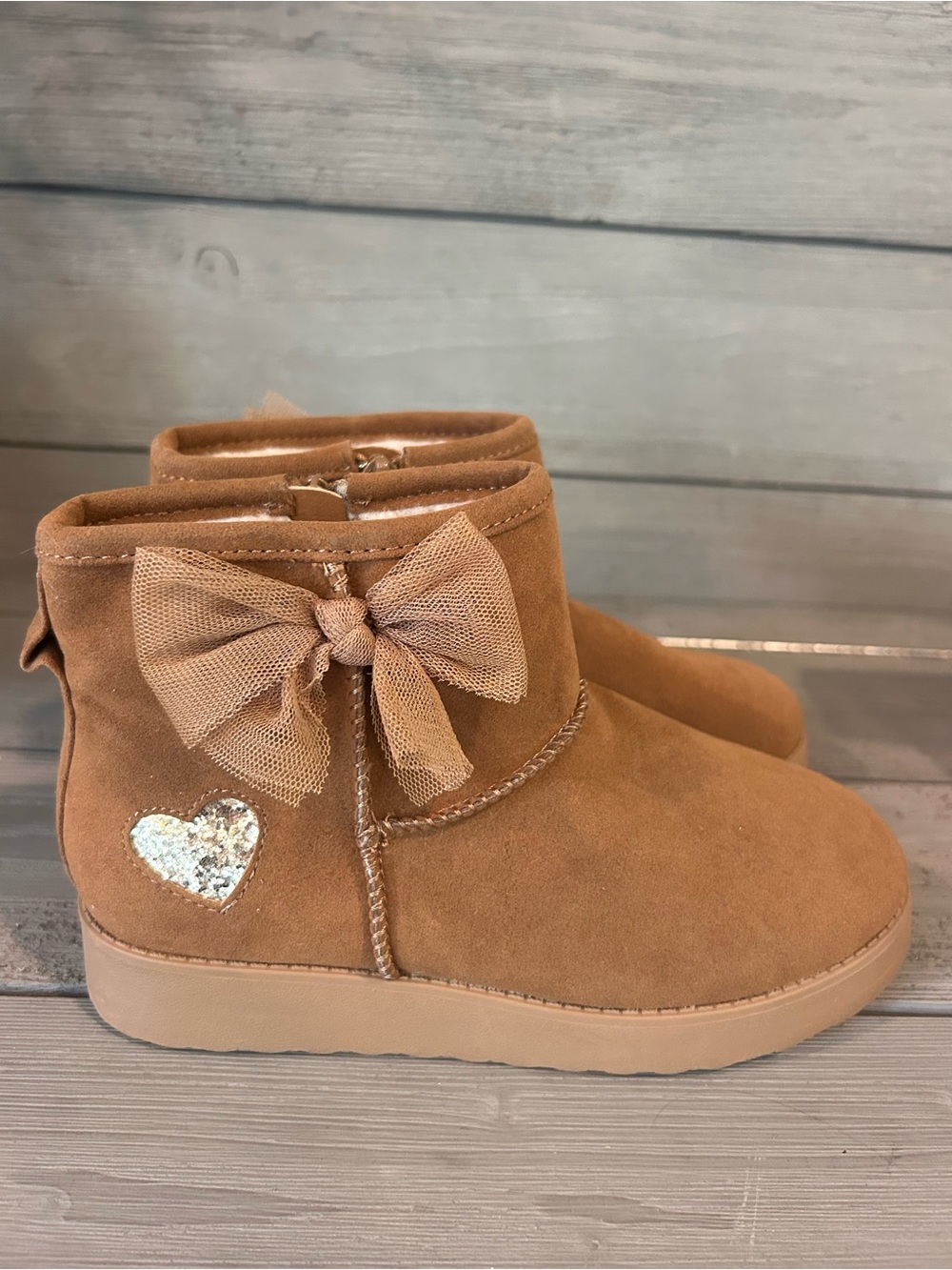 Girls' Tan Bow Accent Ankle Boots with Heart Detail